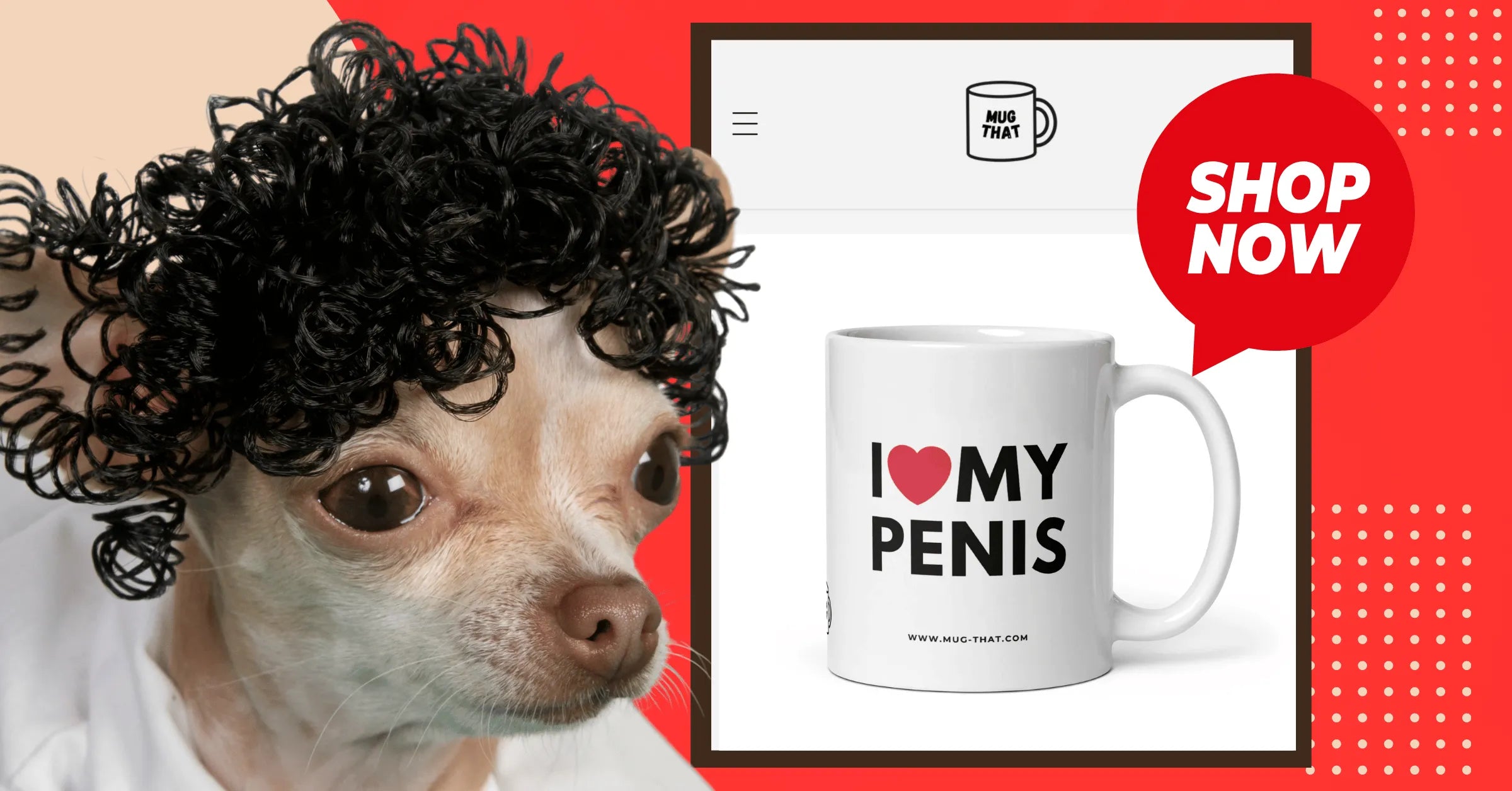 Witzige Werbung mit Chihuahua in Perücke neben „I love my penis“ Tasse – frecher Promo-Post von Mug That.