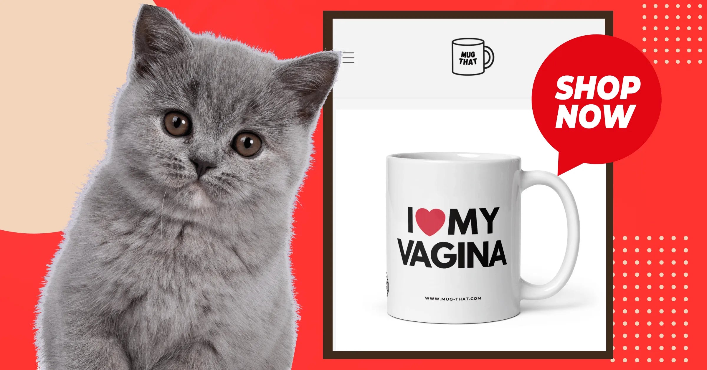 Kaffeetasse lustig witzig mit Aufdruck „I love my vagina“ – originelles Geschenk für Frauen mit Humor, präsentiert mit grauer Katze.