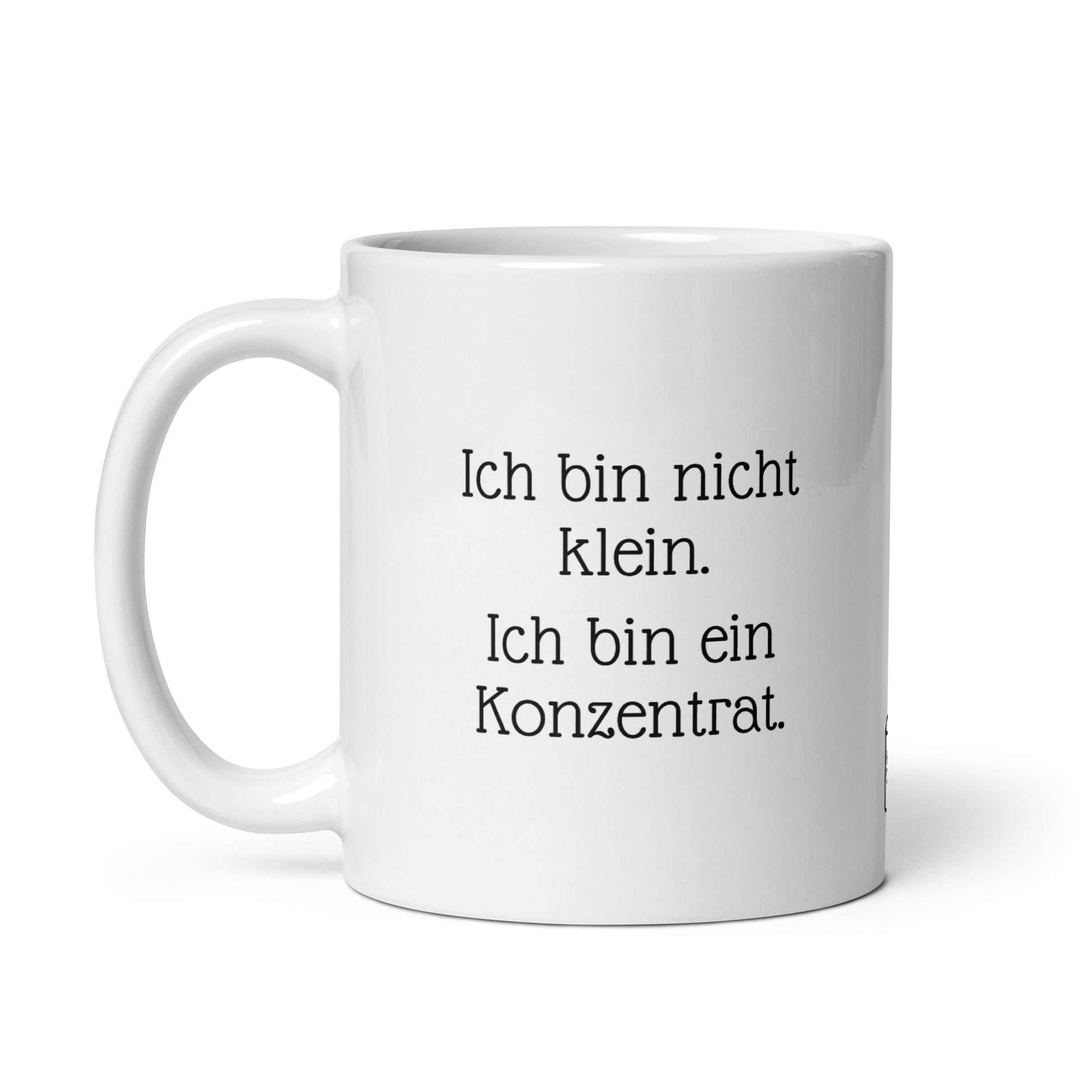 Seitenansicht der Kaffetasse mit Konzentrations-Humor. Keramik Becher für Büroprofis