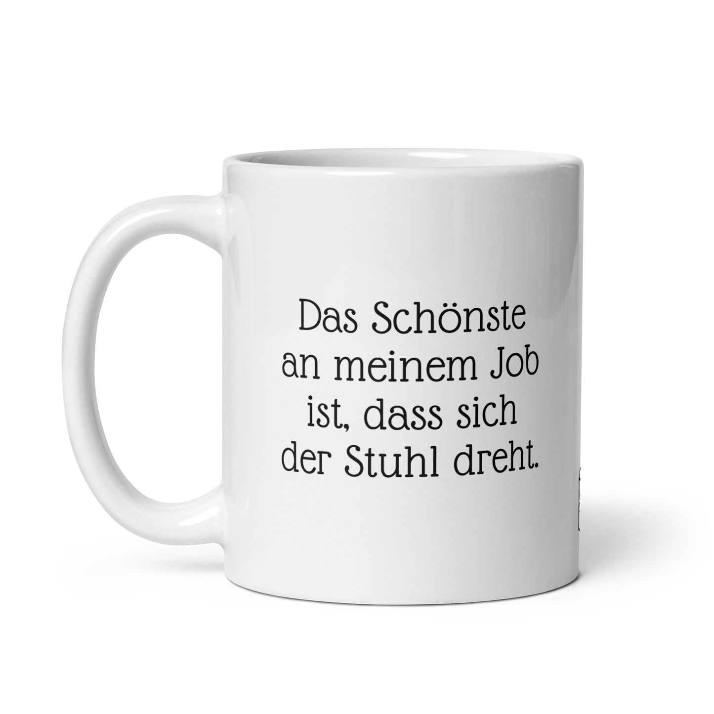 Seitenansicht der Job-Kaffeetasse mit Büro-Humor. Keramiktasse mit witzigem Spruch über Arbeitsmoral