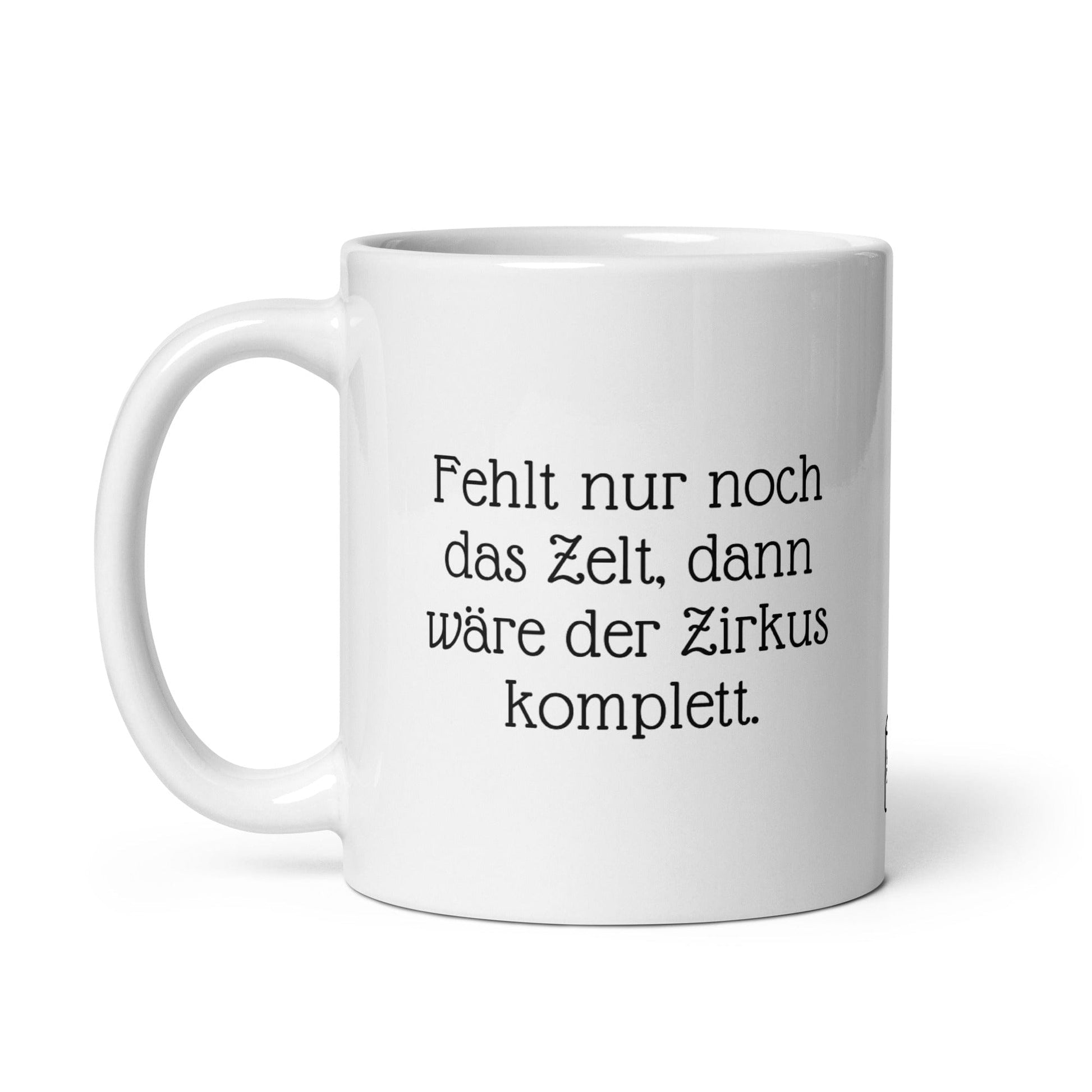 Seitenansicht der Kaffetasse mit humorvollem Büro-Spruch. Spülmaschinenfeste Keramik Tasse für Meetings