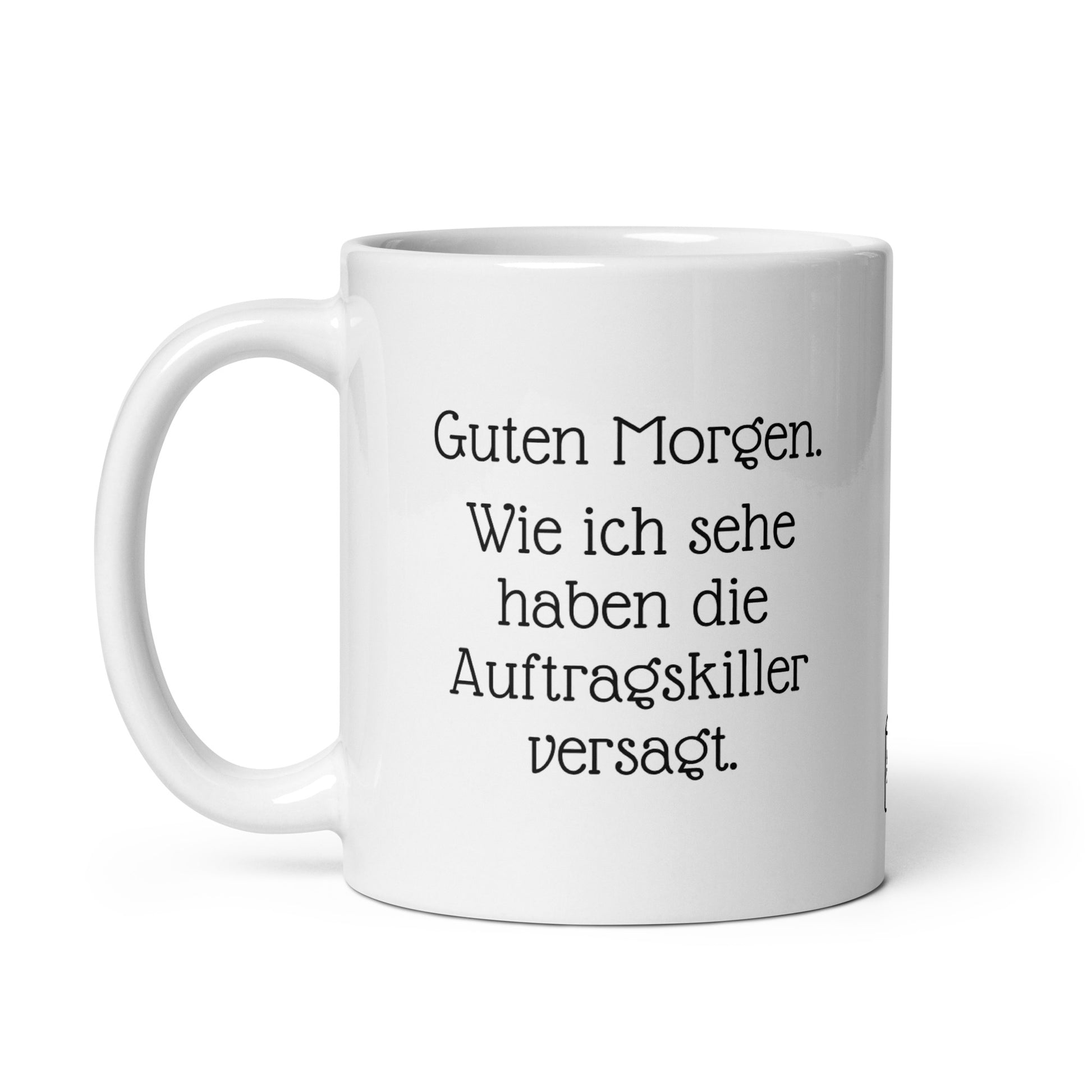 Seitenansicht der Kaffetasse mit Montagshumor. Keramik Becher für den perfekten Arbeitsstart