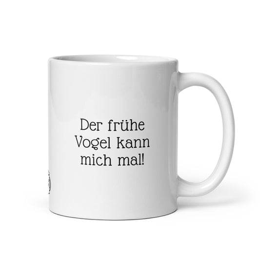 Morgenmuffel Kaffeetasse mit Spruch über frühe Vögel. Weiße 325ml Keramiktasse für Nicht-Morgenmenschen
