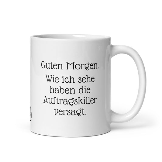 Weisse Kafee Tasse mit Morgenmeeting-Spruch. 325ml Coffee Cup für Morgenmuffel und Bürostarts