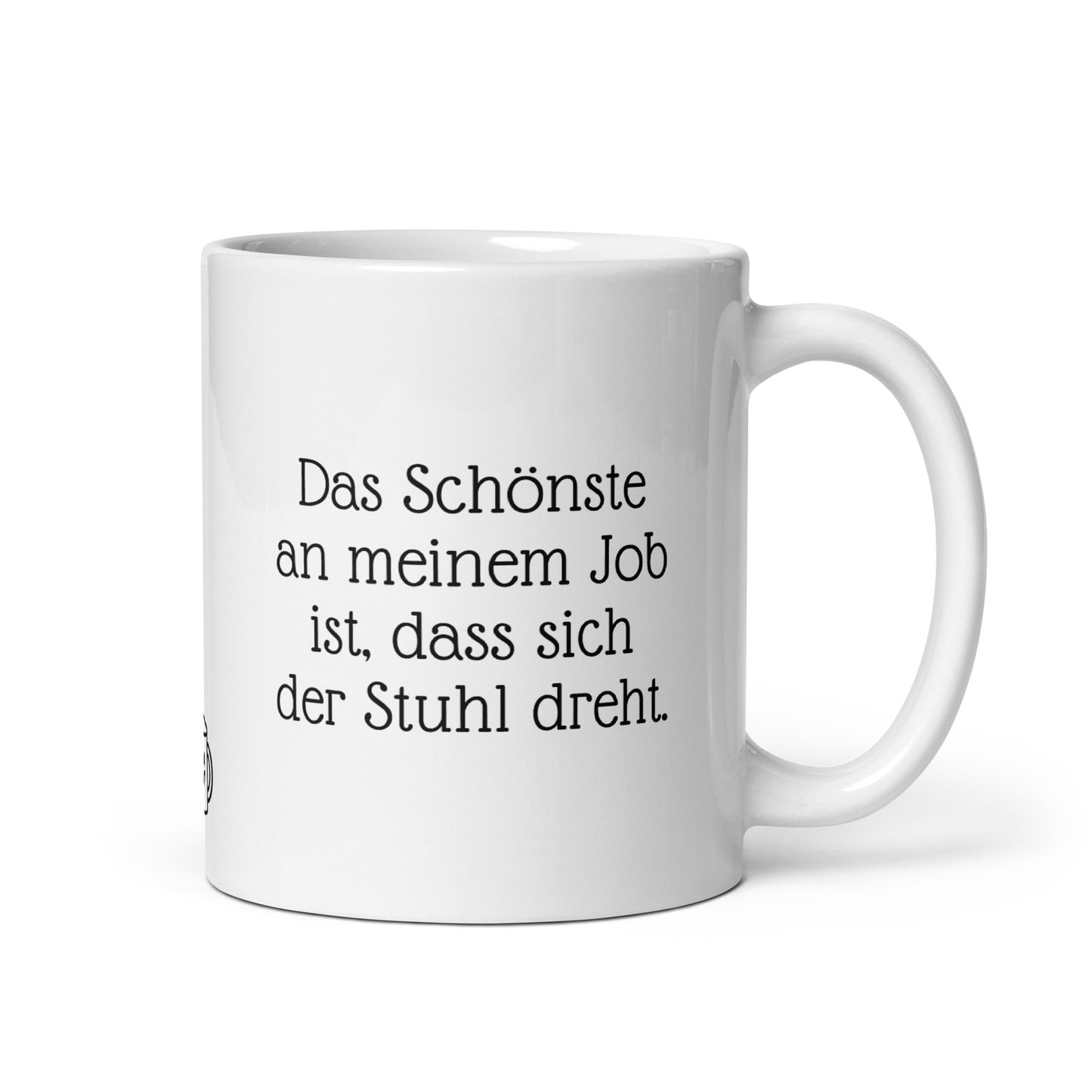 Lustige Büro-Kaffeetasse mit Spruch über Stuhldrehen. Weiße 325ml Tasse für humorvolle Arbeitskollegen