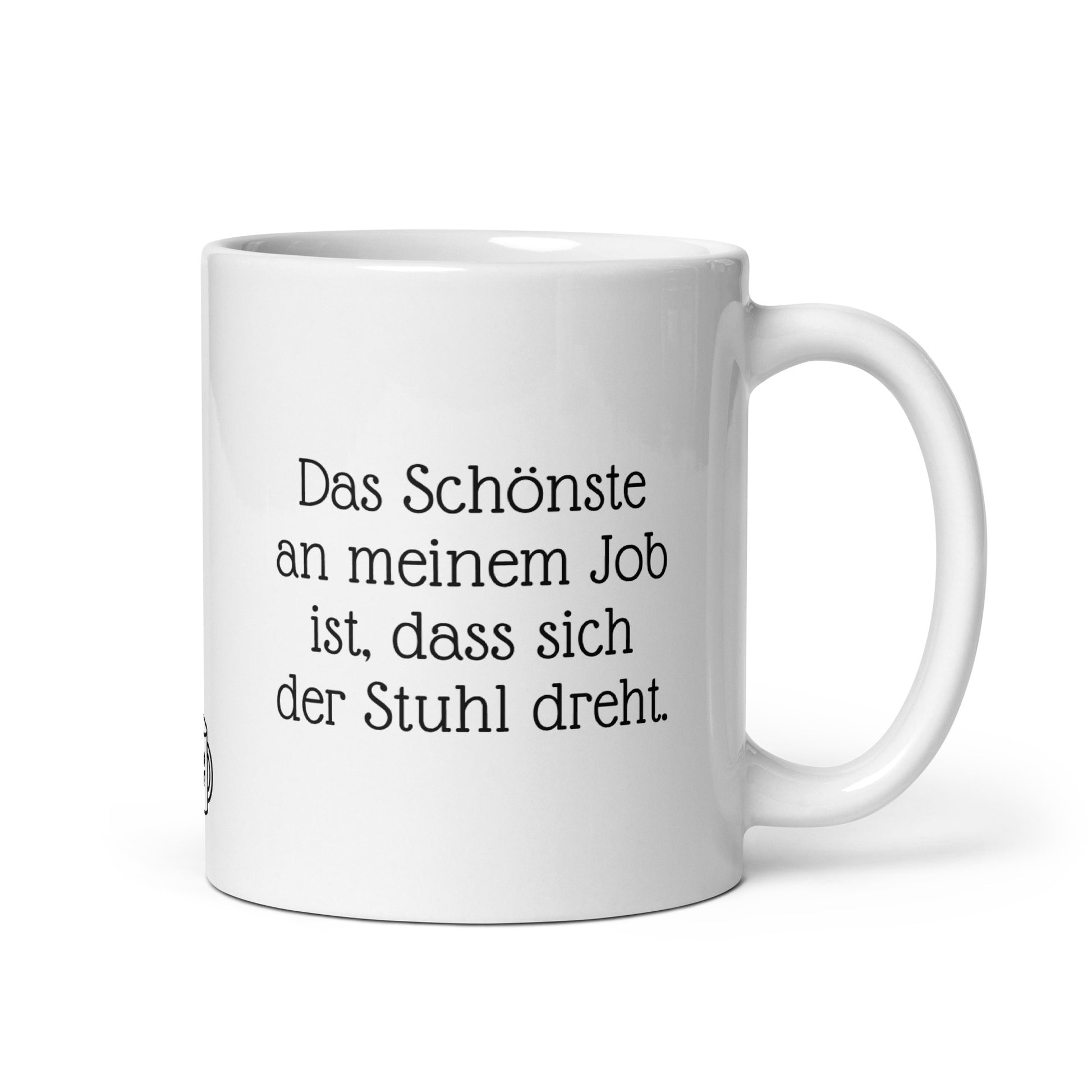 Lustige Büro-Kaffeetasse mit Spruch über Stuhldrehen. Weiße 325ml Tasse für humorvolle Arbeitskollegen
