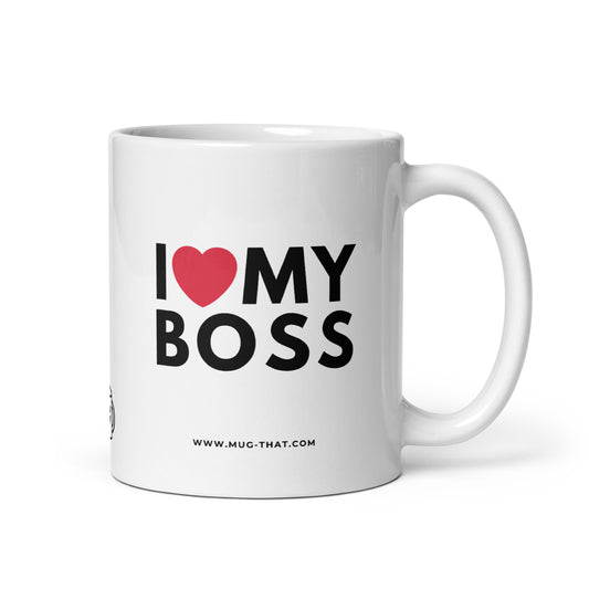 Witzige Kaffeetasse mit Spruch: I love my boss – lustige Tasse als Geschenk für den Chef oder die Chefin, ideal fürs Büro oder Homeoffice