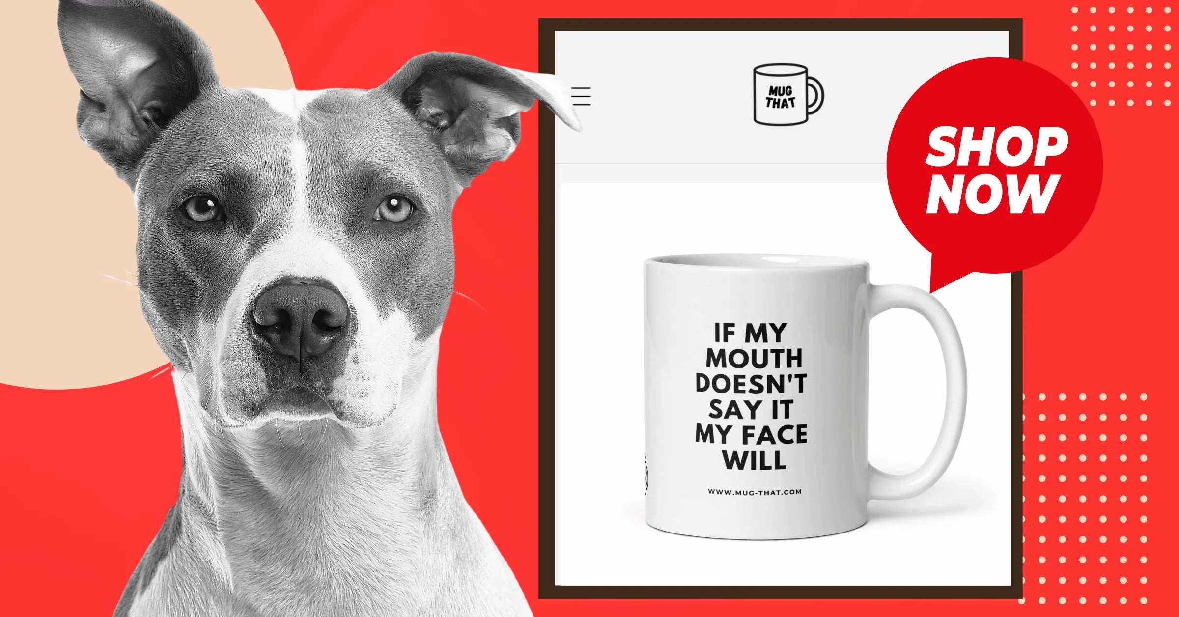 Kaffeetasse lustig witzig mit dem Spruch „If my mouth doesn’t say it, my face will“ – präsentiert mit ernst schauendem Pitbull. Perfektes Geschenk für Menschen mit klarer Mimik.