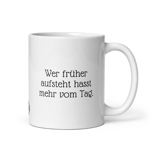 Lustige Sprüche Tasse über frühes Aufstehen und Morgenmuffel. Kaffeetasse mit humorvollem Text für Langschläfer. 325ml Keramik Becher für späte Arbeitsstarter