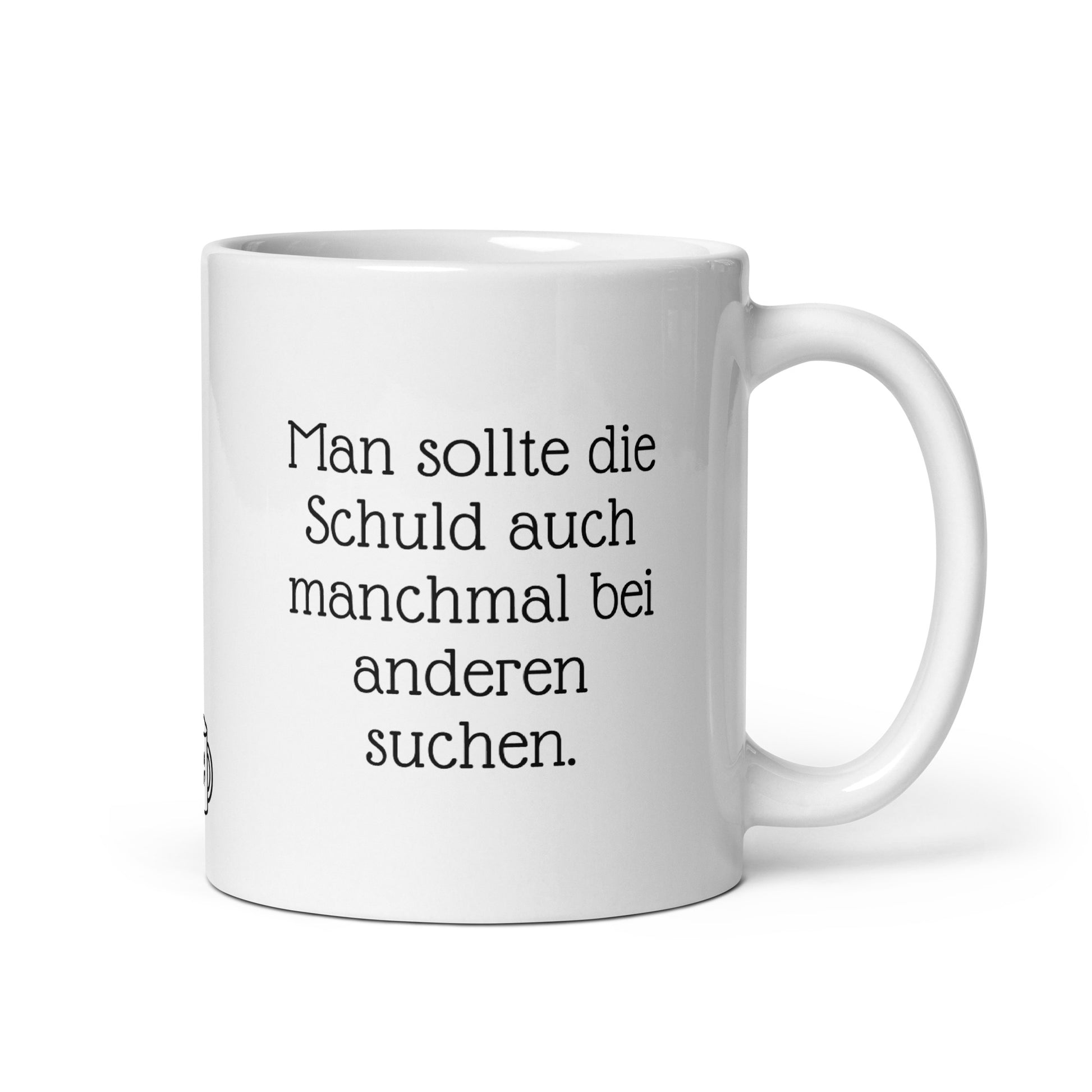Lustige Sprüche Tasse mit Schuld-Weisheit für Büroalltag. Kaffeetasse mit humorvollem Text über Kollegenschuld. Hochwertiger 325ml Keramik Becher für Team und Meetings