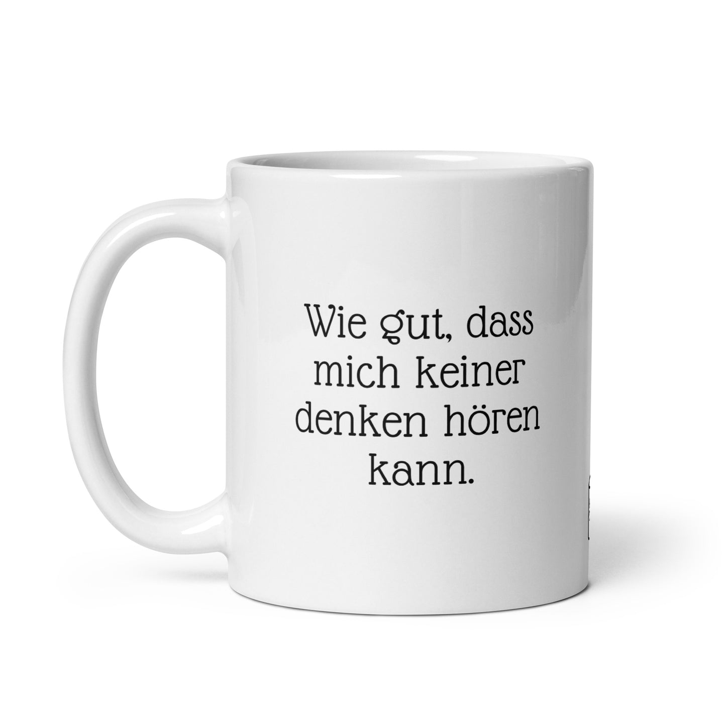 Spruch Tasse über Konzentration und Arbeitsruhe. Seitenansicht der Kaffeetasse für fokussierte Büroarbeit. Hochwertiger Becher mit humorvollem Arbeitsspruch