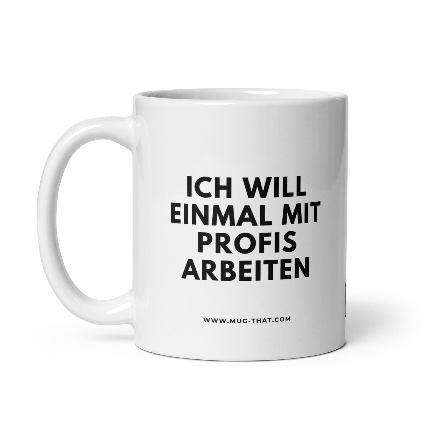 Cafe Tasse mit Sprüchen Seitenansicht. Witziger Kaffeebecher für Geschenk