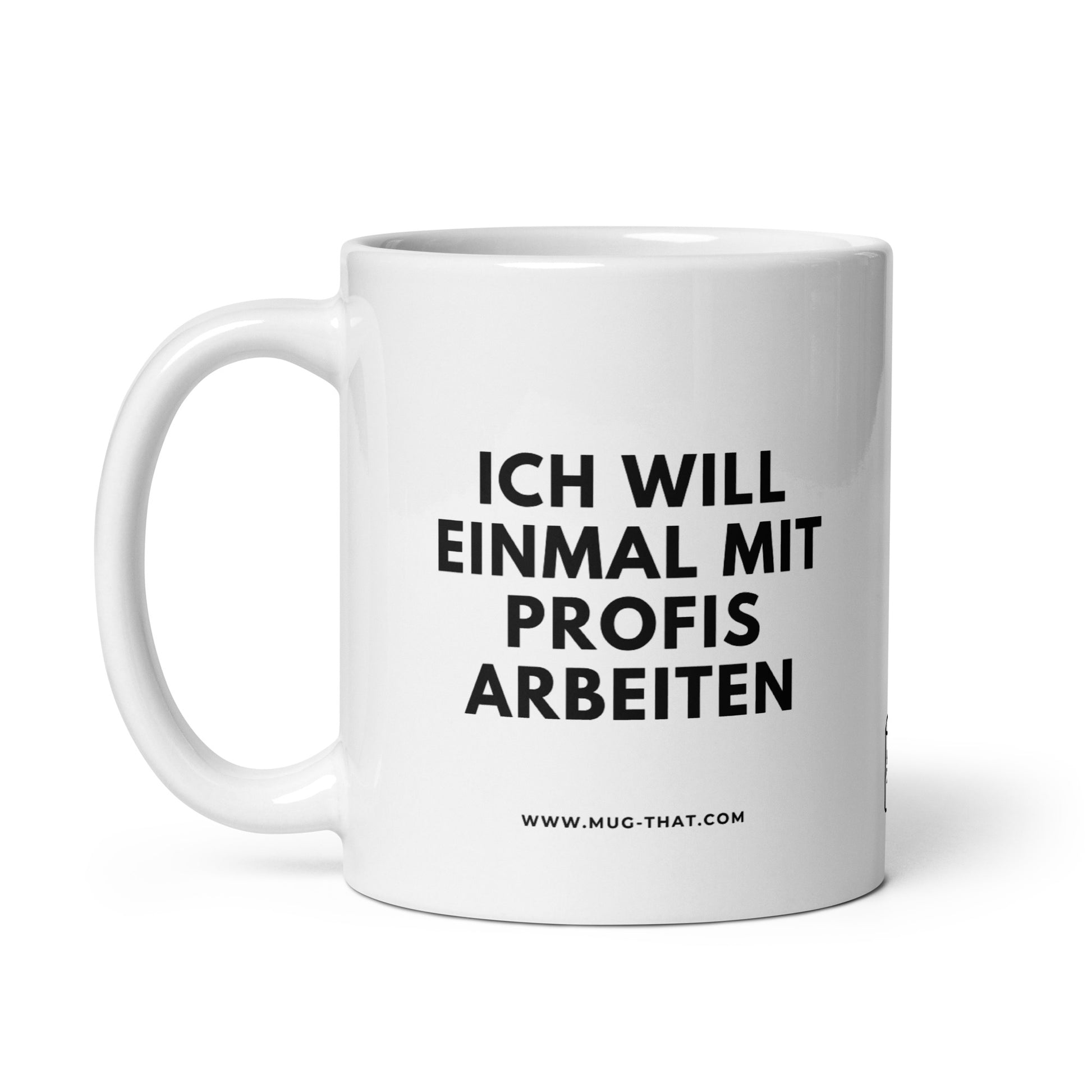 Cafe Tasse mit Sprüchen Seitenansicht. Witziger Kaffeebecher für Geschenk