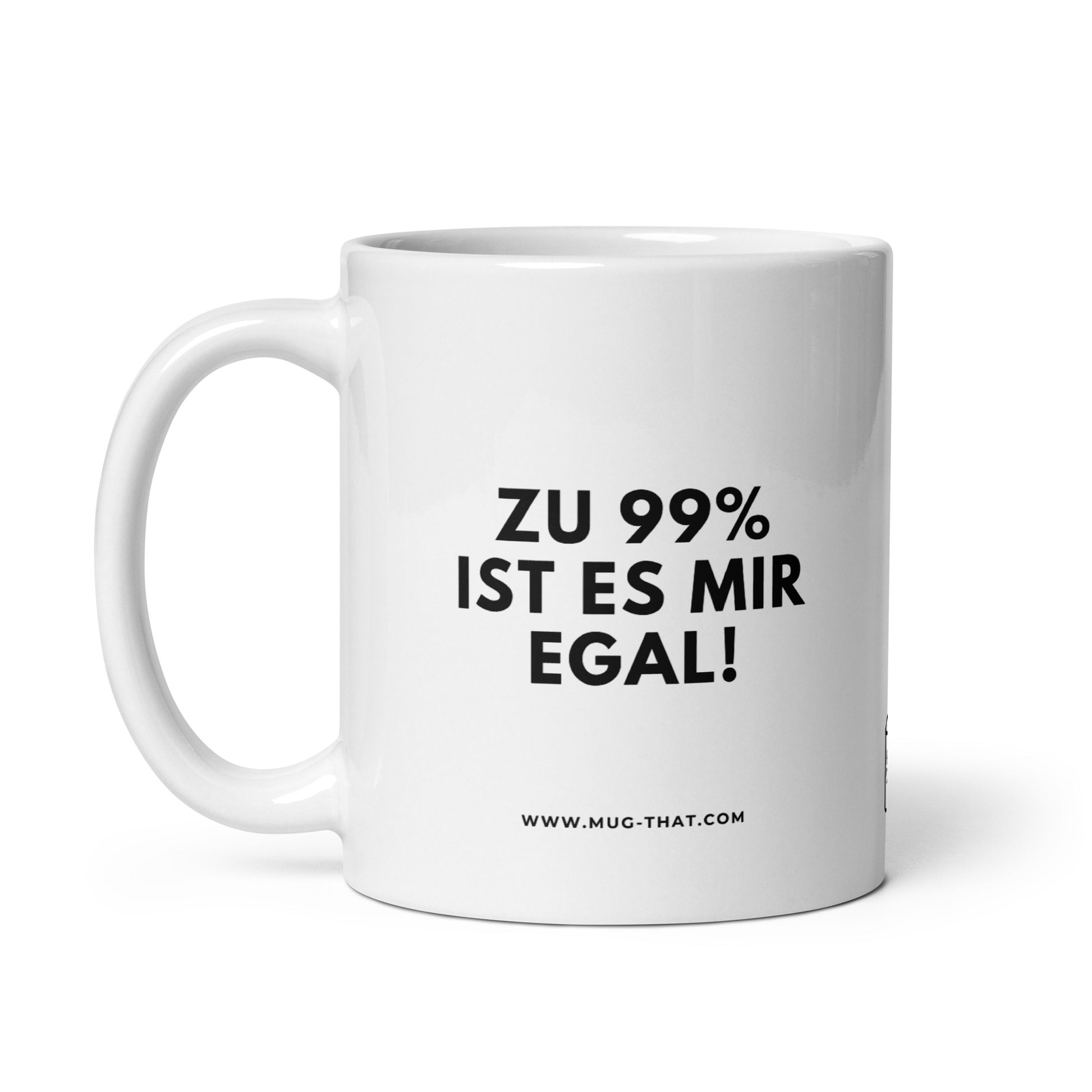 Witzige Büro Tasse über Gelassenheit und Arbeitsmoral. Seitenansicht der Kaffeetasse mit humorvollem Spruch. Spülmaschinenfester Becher für entspannte Kollegen