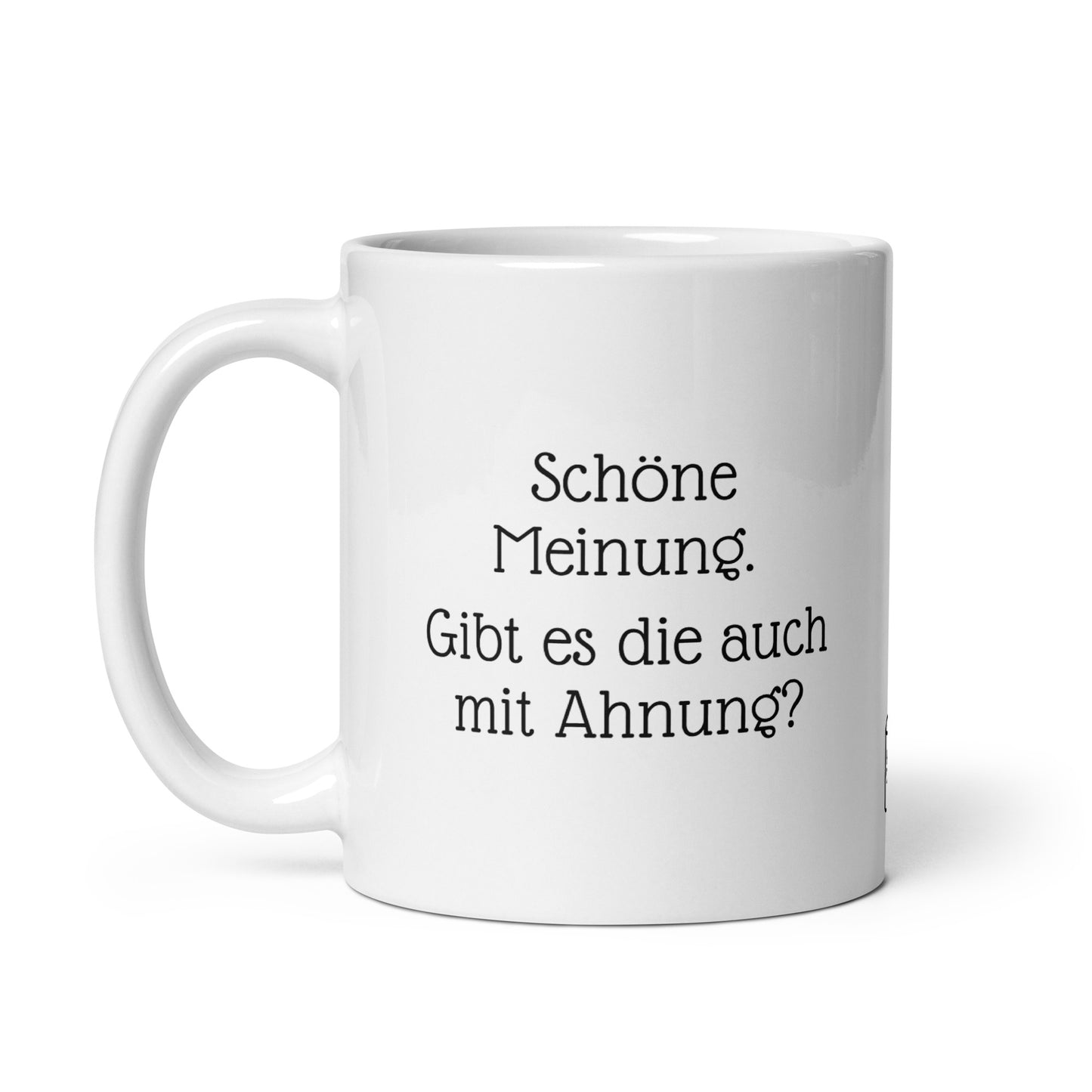 Witzige Büro Tasse über Besserwisser und Meetings. Seitenansicht der Kaffeetasse für Bürokraten und Teams. Hochwertiger Becher mit humorvollem Spruch für Konferenzen